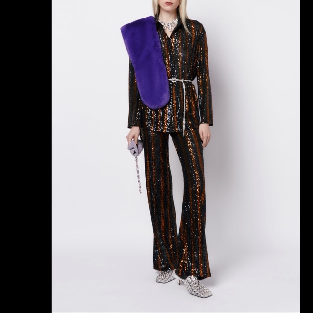 NWT ZARA HIGH WAIST COPPER/BLACK STRIPE SEQUINNED FLARED TROUSERS